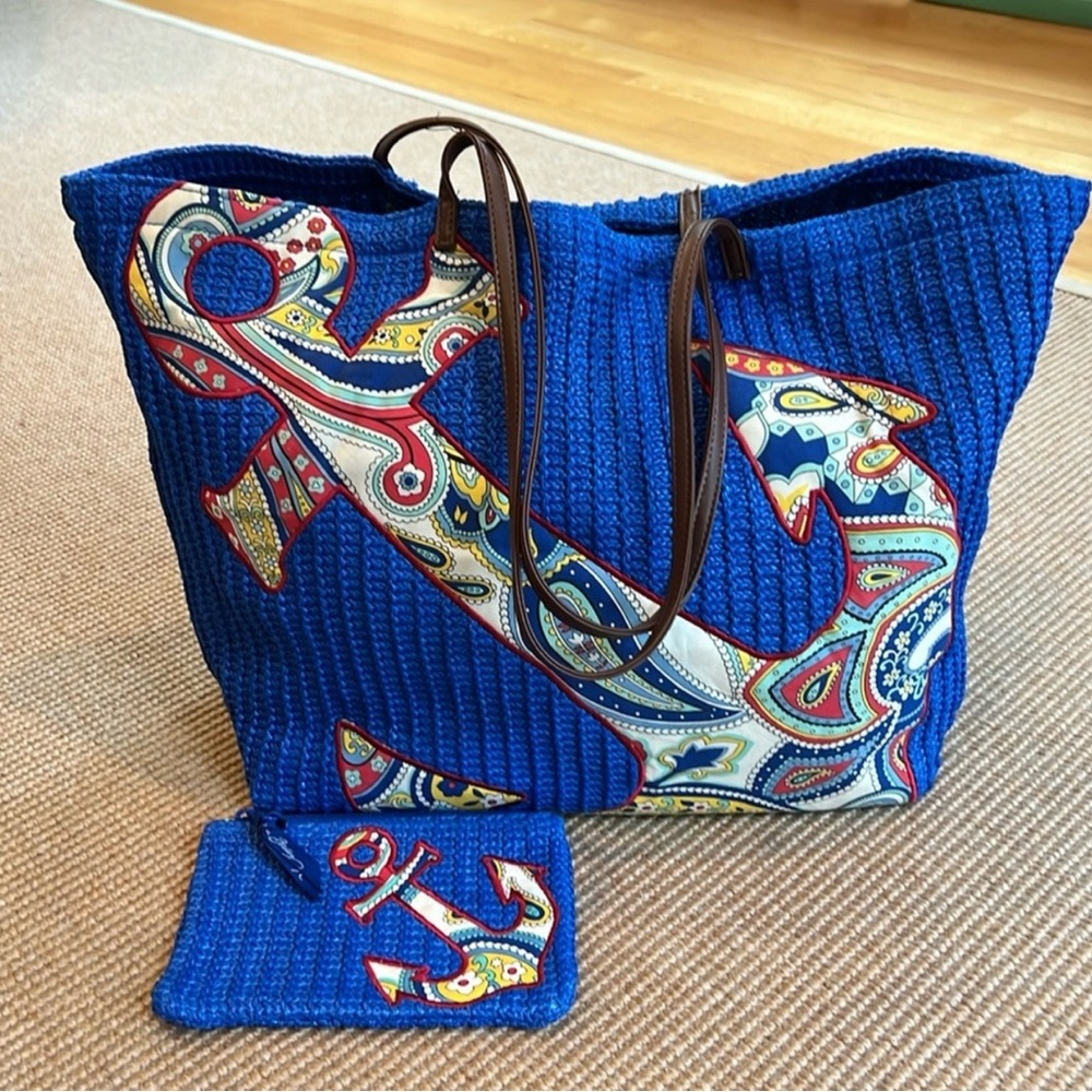 Vera Bradley Blue Straw Tote WITH matching zipper pouch “Anchors Aweigh”  NWOT